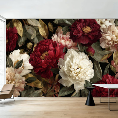Papier peint adhésif floral à motif floral complexe de tons foncés complexes H 100 po x l 144 po amovible en PVC adhésif mural pour chambre à coucher, bureau à domicile