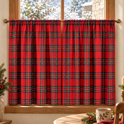 Christmas Plaid Cafe Curtains, Light Filtering Tartan Check Rod Pocket Short Tier Window Curtains for Kitchen & Holiday Decor