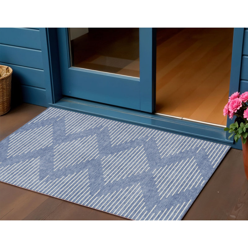 Tapis intérieur lavable à motif géométrique bleu denim 3 pi x 5 pi