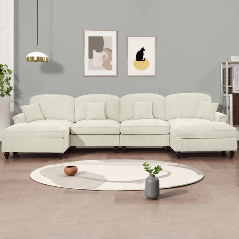 Classic U-Shape 4-Seater Sectional Sofa Chenille Cloud Couch with Flared Arms, Removable Ruffled Skirts & Spindle Legs, Includes Movable Ottomans for Versatile Configurations
