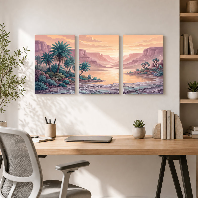 "Desert River Canyon" avec palmiers et ensemble de 3 toiles orange, 24"H x 16"W x 3pcs