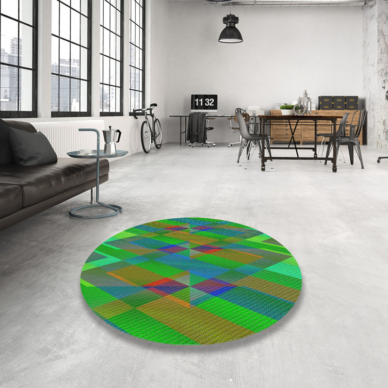 Tapis vert/bleu tissé à la machine, Rond 3 pi