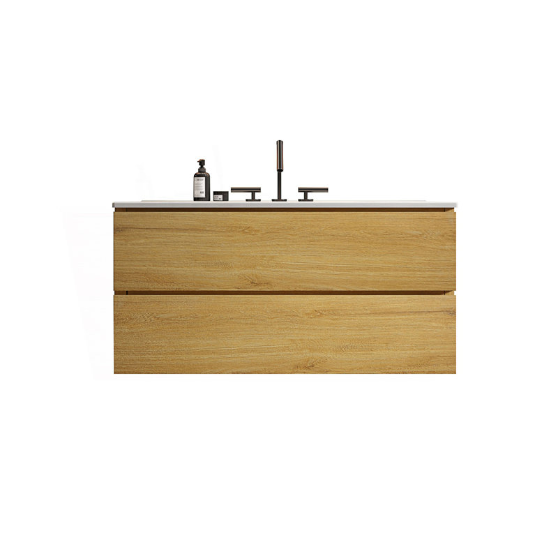 Meuble-lavabo mural avec lavabo en céramique et trois trous de robinet, grand meuble-lavabo flottant avec rangement