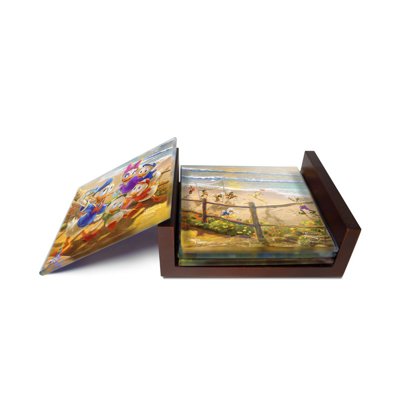 (Symboles) Ensemble de sous-verres en verre Starfire, ThomasKinkade / DonaldAndDaisy-ADuckDayAf d'après