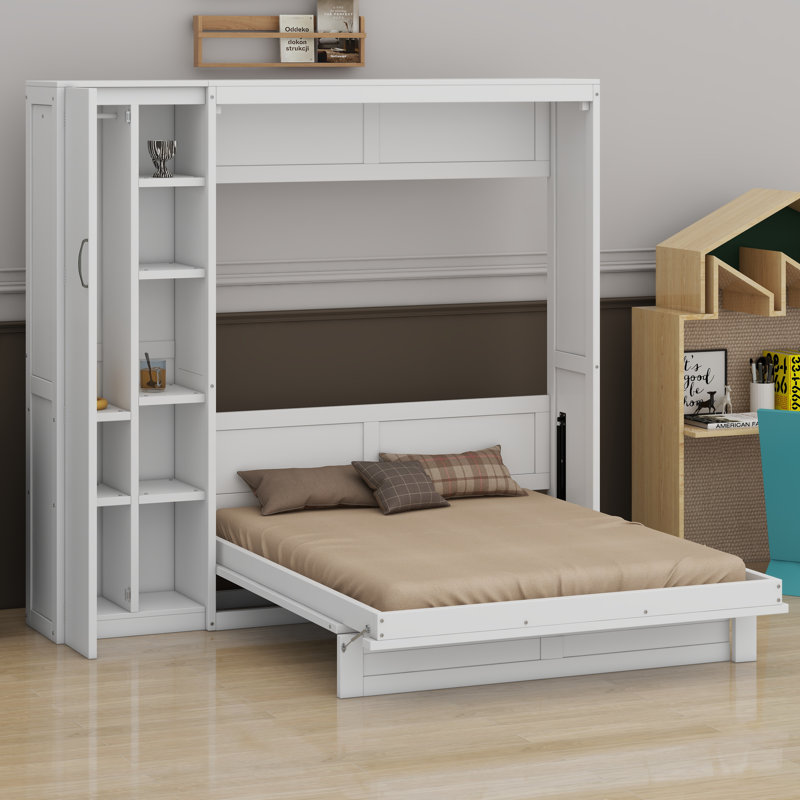 Lit escamotable mural avec tablettes Murphy, Lit double, Blanc