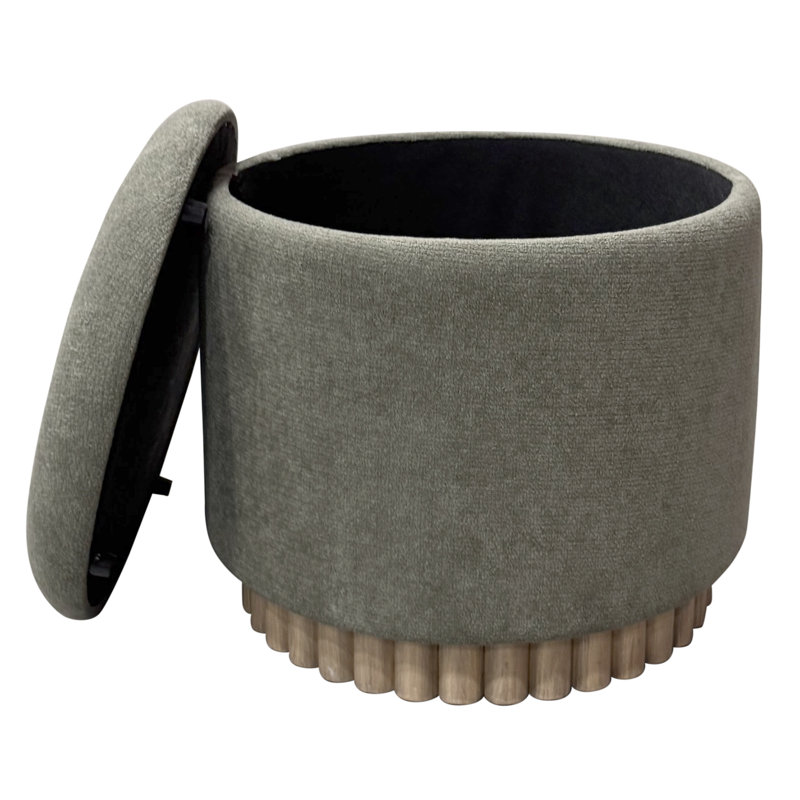 Modern Fabric and Solid Wood Round Storage Ottoman, Modern Round Storage Ottoman - Moss/Natural
