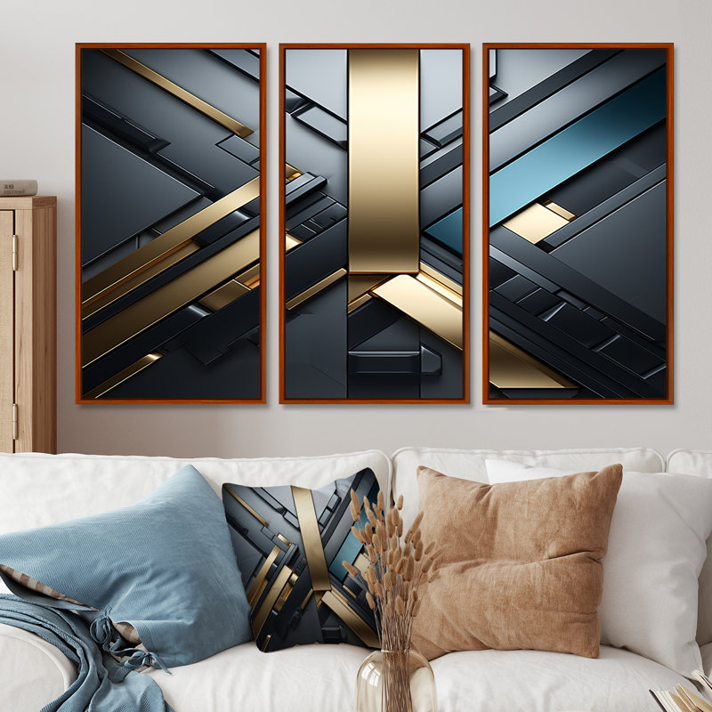 Minimal Tech Blue Gold - ensemble de reproductions d'art géométriques murales, Cadre flottant brun