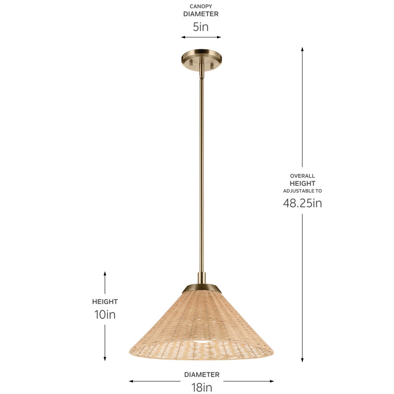1-Light Convertible Pendant with Opal Glass and Handwoven Rattan Shade, 10" H x 18" W x 18" D