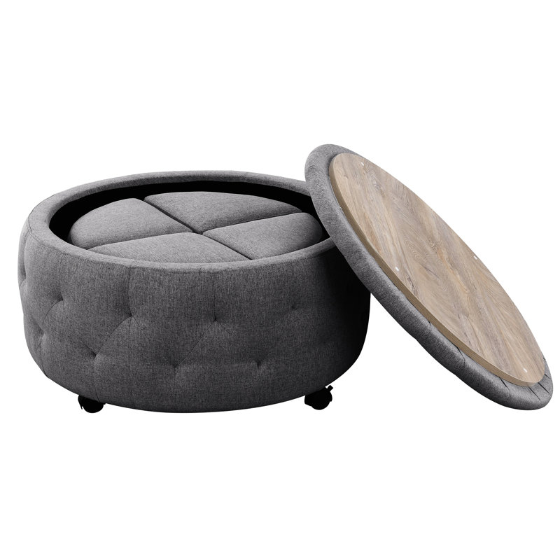 Rond gris foncé avec plateau réversible et 4 repose-pieds latéraux, polyvalent comme repose-pieds ou siège supplémentaire, supporte 250 lb, fabriqué à partir de bois francs sélectionnés, coins renforcés, largeur de produit de 36 po,