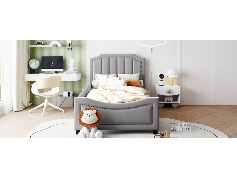 Twin Size Upholstered Daybed With Classic Stripe Shaped  Headboard, Gray