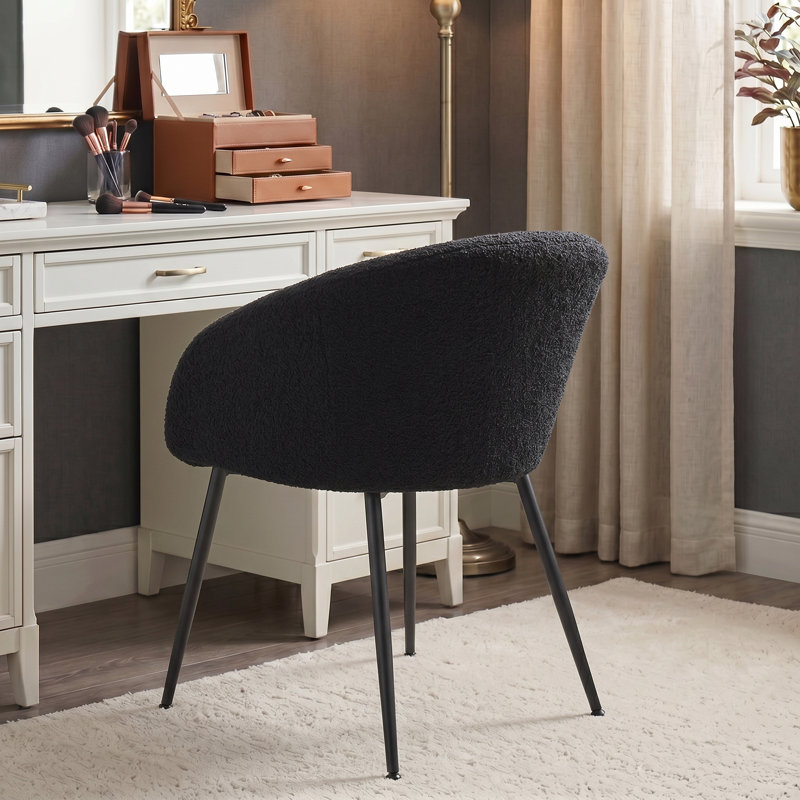 Set of 2 Modern Accent Chair , Comfy Sherpa Makeup Vanity Chair with Metal Legs, Black, 2, Black