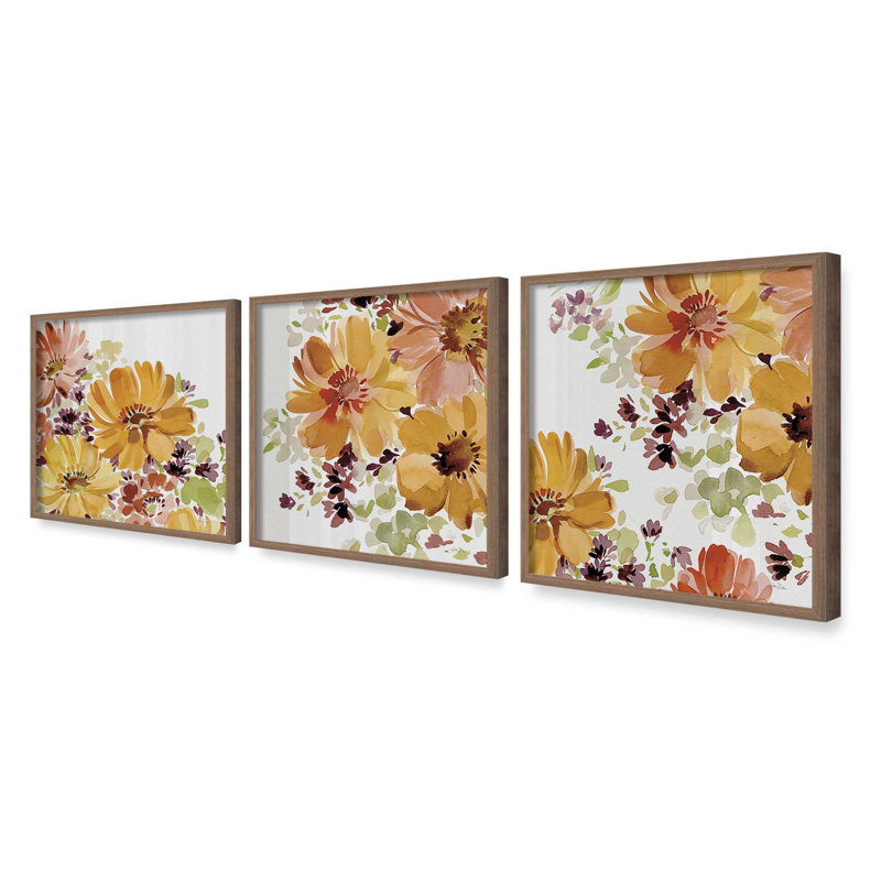 Ensemble de 3 estampes Autumn Garden Whispers, 12 po x 12 po, Noyer