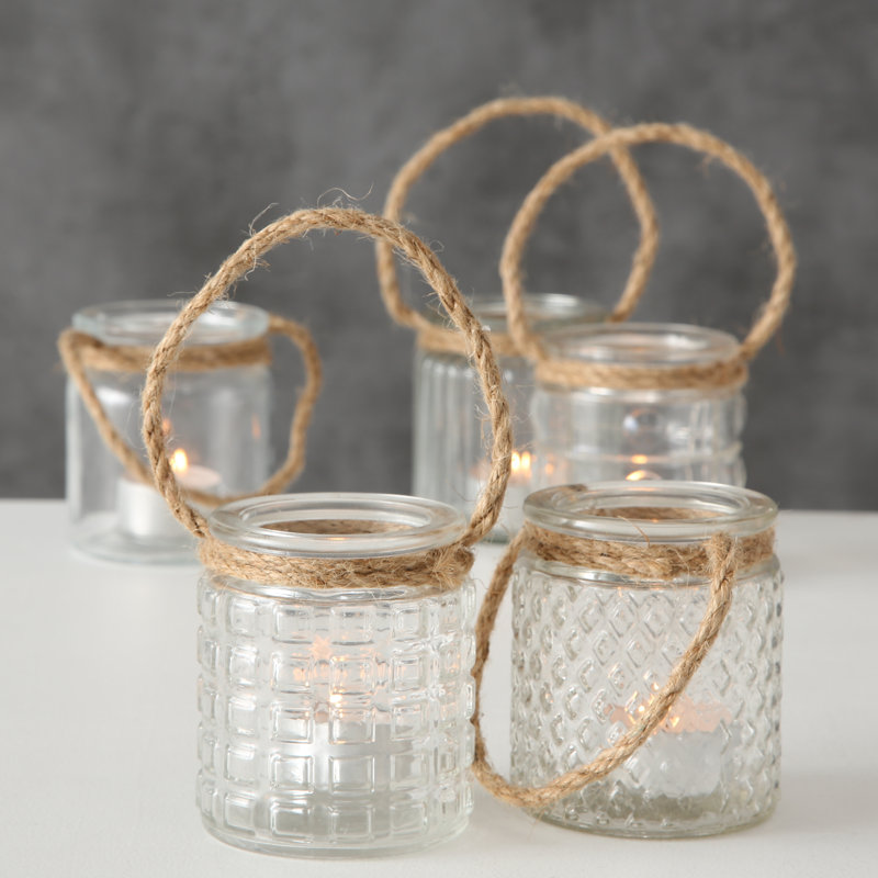 5 Piece Nautical Rope Rimmed Candle Lanterns, 3.5"