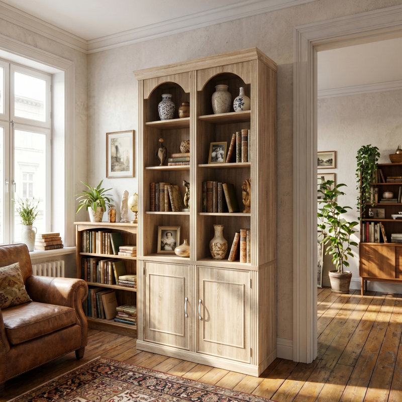 Display Cabinet With Adjustable Shelves & 3-Color LED Lighting, Beige