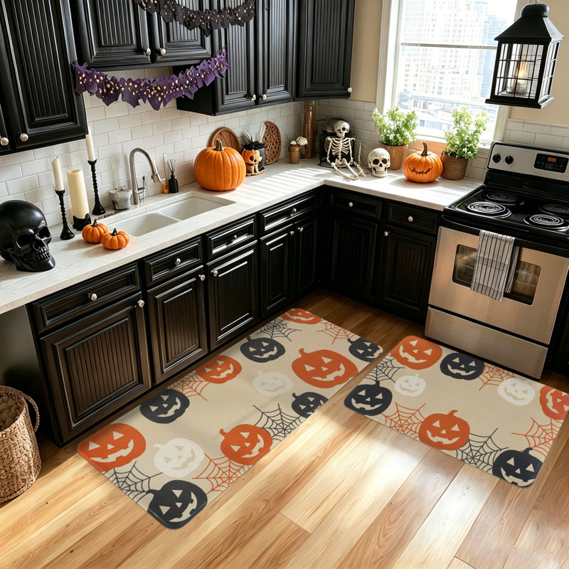 Tapis de cuisine d'Halloween, citrouille Jack-O'-Lantern et toile d'araignée, ensemble de 2 tapis d'intérieur en faux lin avec motifs (lot de 2)