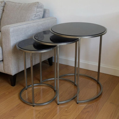 Set of Three Black and Grey Marble and Iron Round Frame Nested Tables