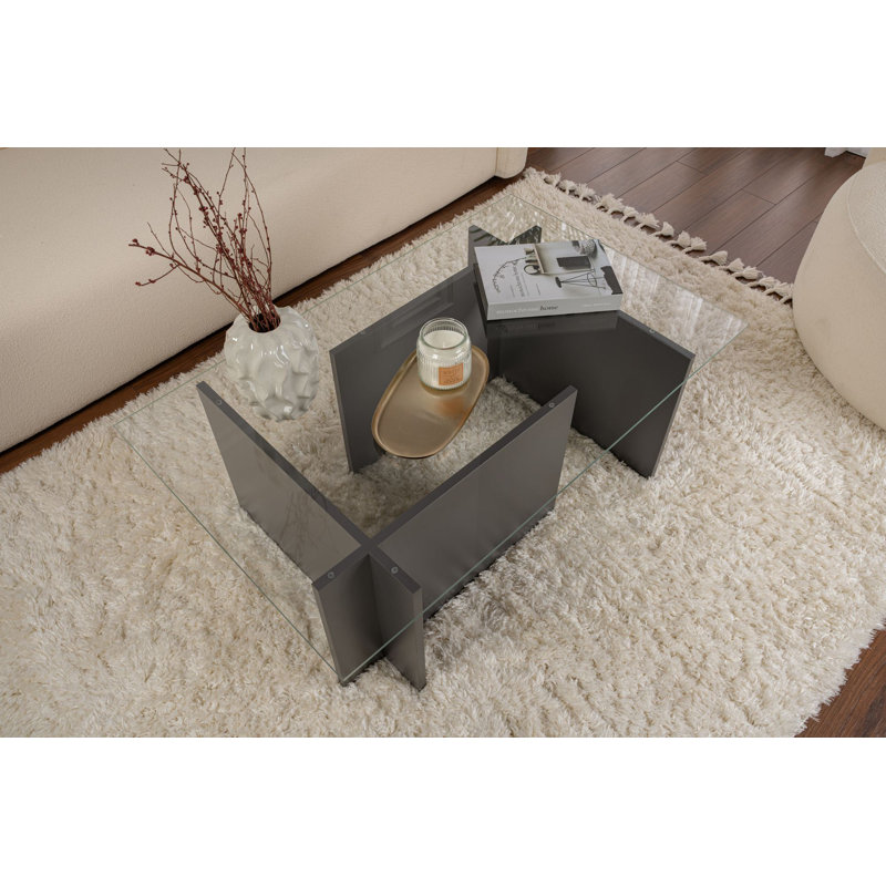 Modern Coffee Table with Tempered Glass Top, Travertine Color, 105 x 40 x 65 cm, 100% Melamine Coated Particle Board Frame, Marble Design, For Living Room & Contemporary Spaces