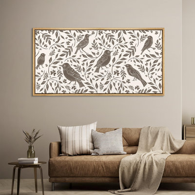 «Abstract Botanical Rustic Bird And Foliage In sépia», reproduction d'art sur toile