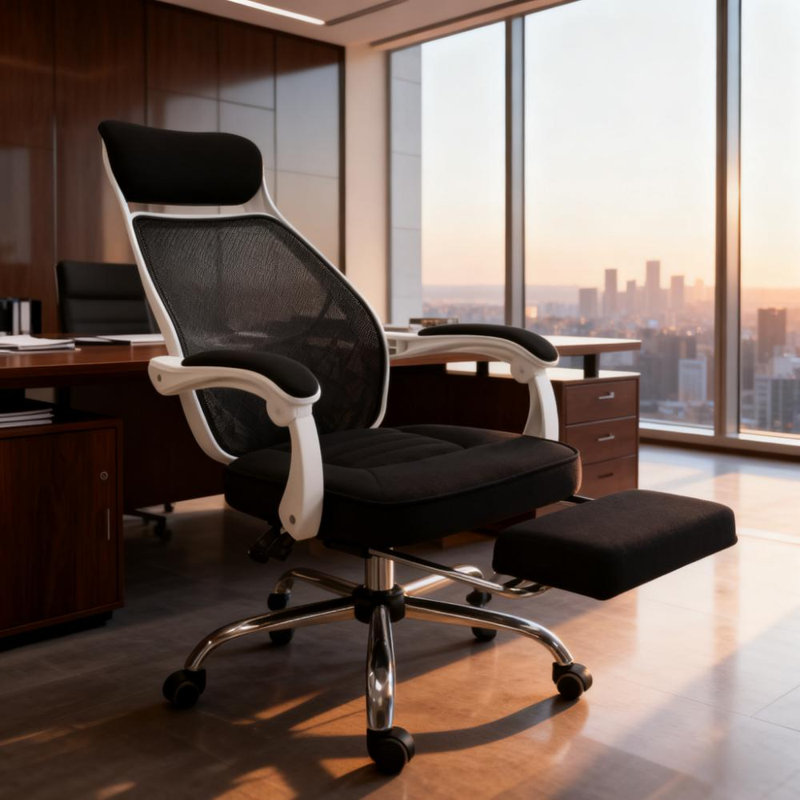 High Back Mesh Office Chair Swivel Reclining Computer Desk Chair With Retractable Footrest,Headrest,Padded Armrest