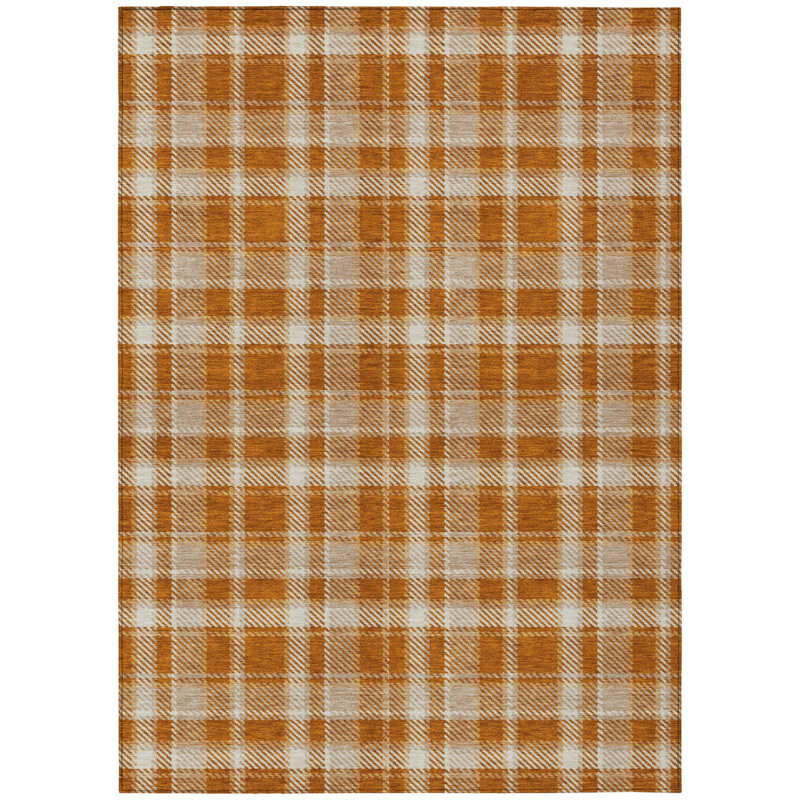 HomeRoots 3' X 5' Orange And Ivory Plaid Washable Indoor Outdoor Area Rug