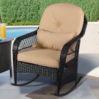 Outdoor Wicker Rocking Chair, Patio Rattan Rocker W/Lumbar Pillow, Padded Seat & Back Cushions, Metal Frame, Mix Wicker Furniture For Balcony, Porch, by Winston Porter