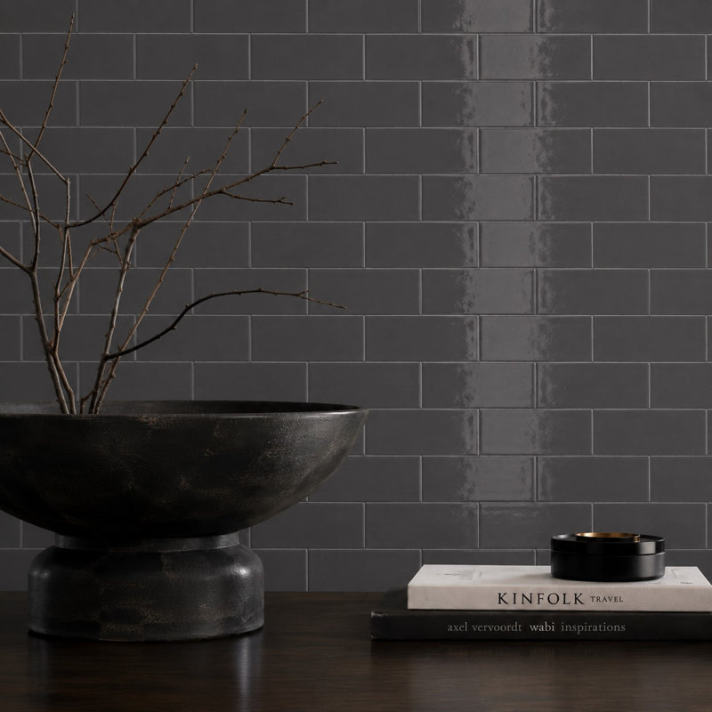 Curvaceous 3" x 6" Ceramic Wall Tile, Dark Gray