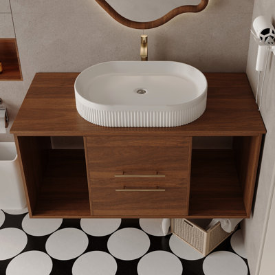 Meuble-lavabo de salle de bain de 100 cm (39,4 po) avec lavabo ovale en céramique, style suspendu, bois massif multicouche, tiroirs à fermeture amortie, rangement intégré.
