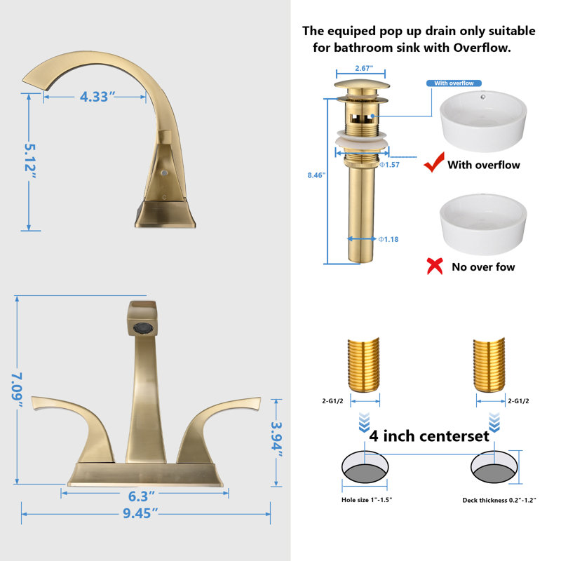Centerset 2-handle Bathroom Faucet with Drain Assembly, Brushed Gold