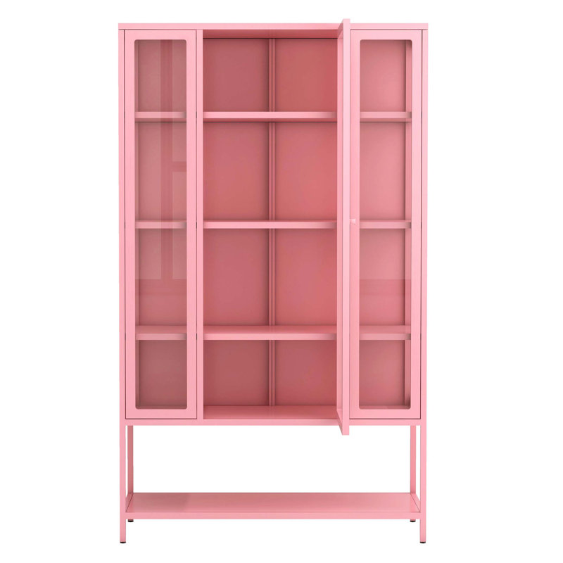 Contemporary Glass Display Cabinet with Integrated LED Lighting and Adjustable Storage, Pink
