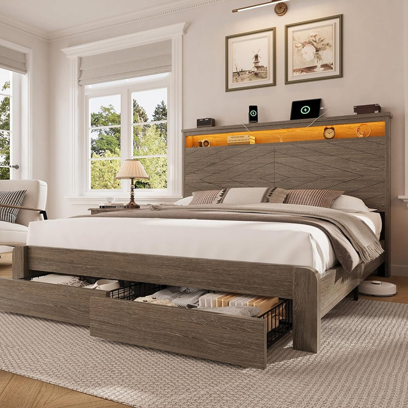 Queen Size Bed Frame With 2 Storage Drawers And Headboard Wooden...