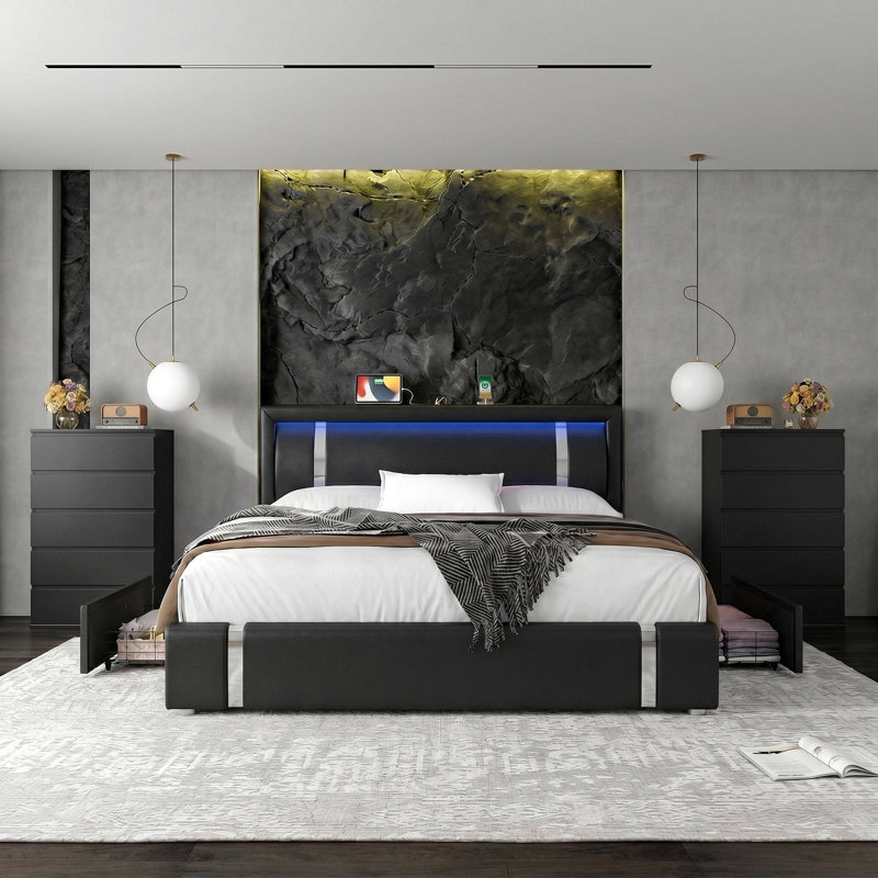 Ensemble de chambre à coucher 3 pièces avec lit de rangement et 2 commodes à 5 tiroirs, Lit double, Noir