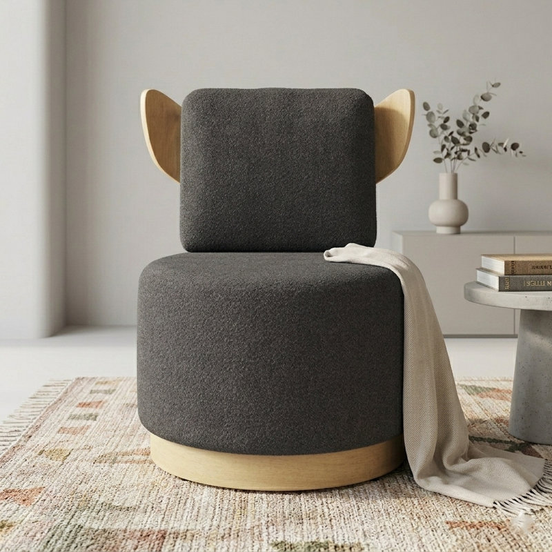 Brayden Upholstered Swivel Armless Accent Chair ( Fully Assembled ), Elbertine Black Polyester Blend, Natural Wood