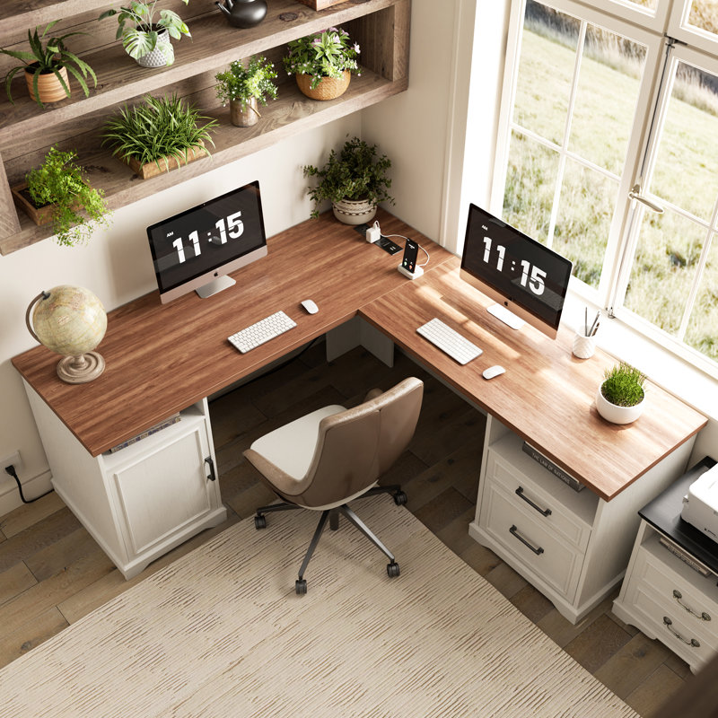 Bureau en L 60 po avec tiroirs en bois, Noyer, Blanc