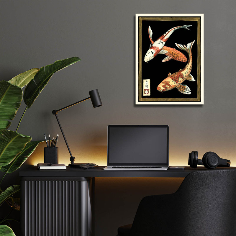 Art mural en verre épique «Koi Fish On Black 1» par Chariklia Zarris, 12 po x 16 po
