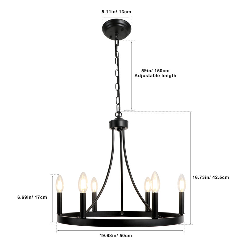 6 - Light Dimmable Wagon Wheel Chandelier, Matte Black