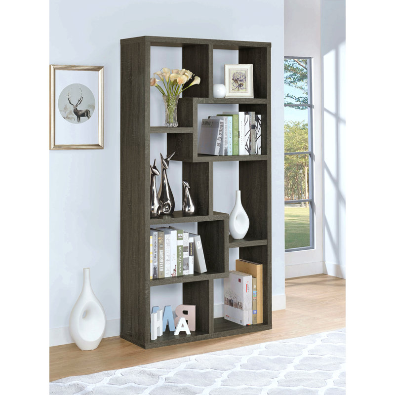 Bibliothèque géométrique avec sept (7) tablettes, étagère de rangement, meubles en bois massif, finition grise vieillie, 1 pièce
