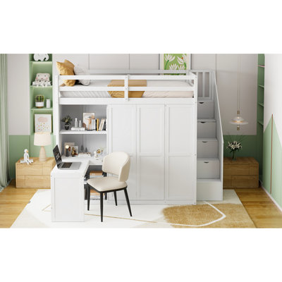 Full Size Loft Bed With Wardrobe, Desk And Shelves In Gray, Seamless Blend Of Functionality Style, Suitable For Modern Homes Gray Built - Foldable Shelves, Versatile Storage A Neat Bedroom,