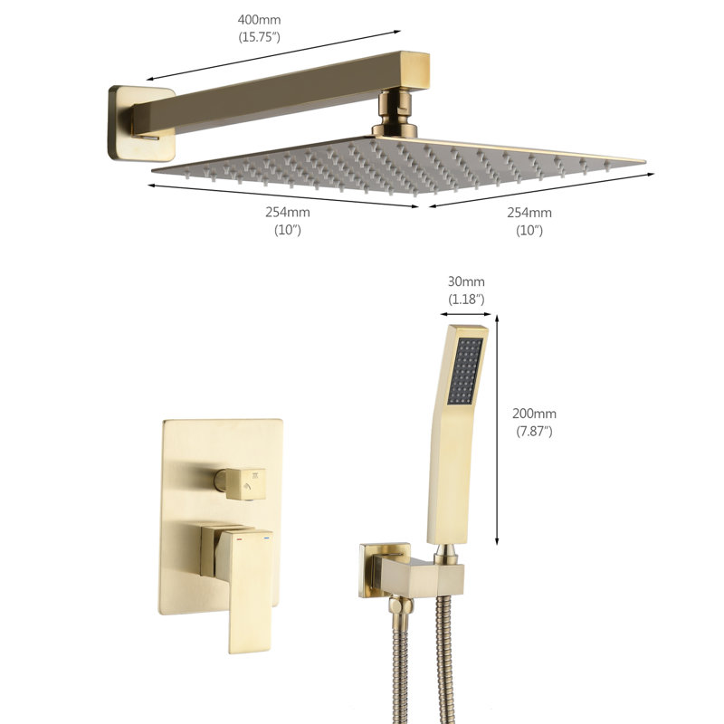Brushed Gold 10 Inch Wall Mounted Shower With Adjustable Head, Built - In Flow Control, And Easy Clean Design Complete System Water Flow, Single Handle, Diverter For A Relaxed Bathroom Ambiance