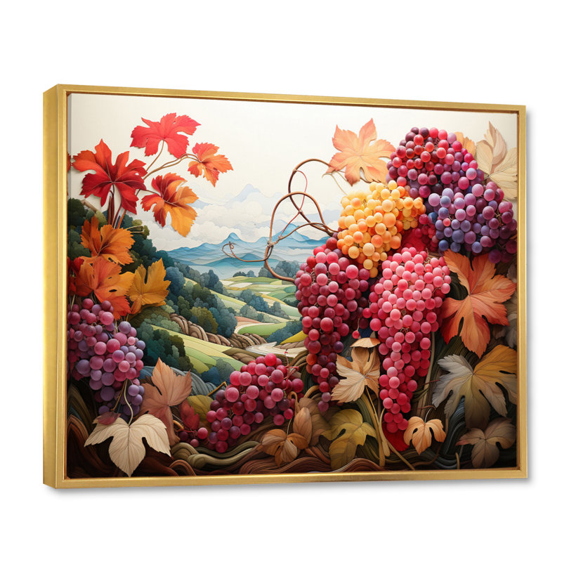 «Atworth Pink Coral Grapes Vineyard Pointillism», reproduction, H 16 po x l 32 po x P 1 po, Cadre flottant doré