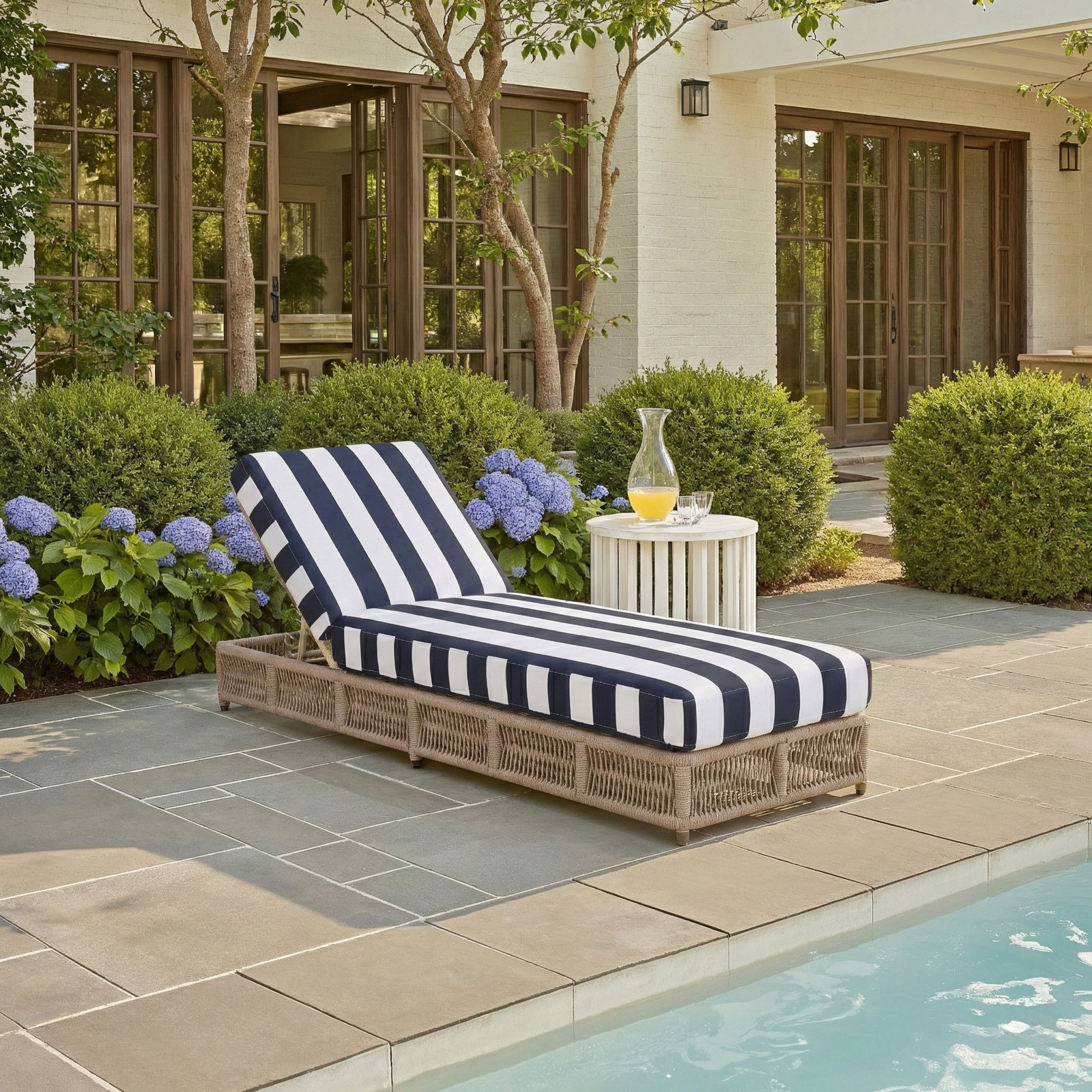 Langley 25" Patio Chaise Lounge, Tan Frame/Navy Cushion