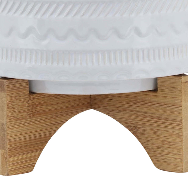 Natacha Stoneware Planter with Bamboo Stand - Ceramic Plant Pot with Raised Decorative Design, Modern Elevated Display, White