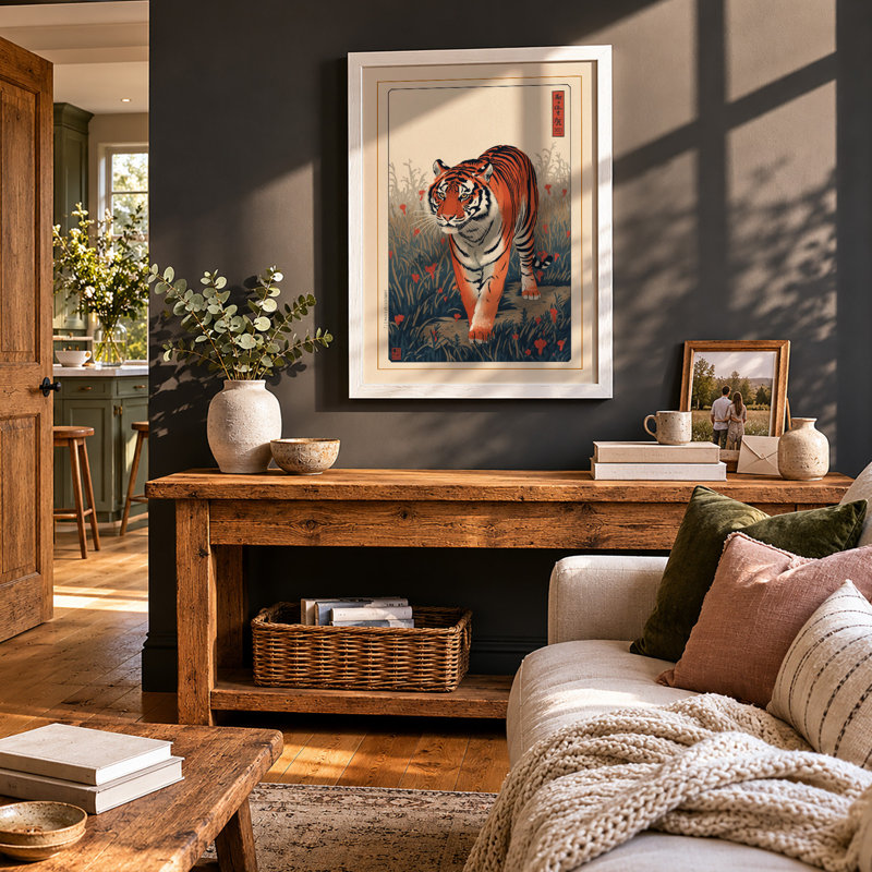 Tiger in Tall Grass Japandi - Framed Print, A4 - 29.7 x 21.0 cm, White