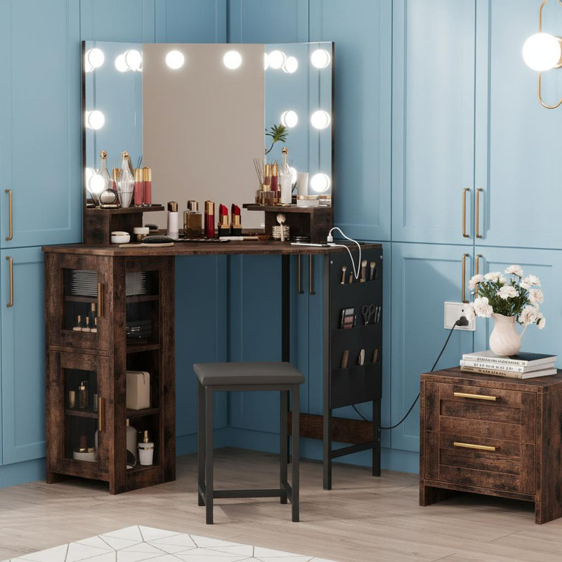 Ensemble de coiffeuse et tabouret de coin Tigerwood, miroir d'ampoule, station de charge intégrée, armoire de rangement, coiffeuse de chambre
