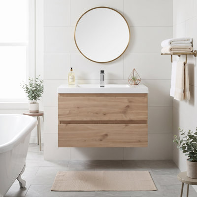 Meuble-lavabo mural en mélamine de bois de 76 cm (30 po), aspect bois naturel, résistant à l'usure, aux égratignures et non poreux, surface facile à nettoyer, préassemblé