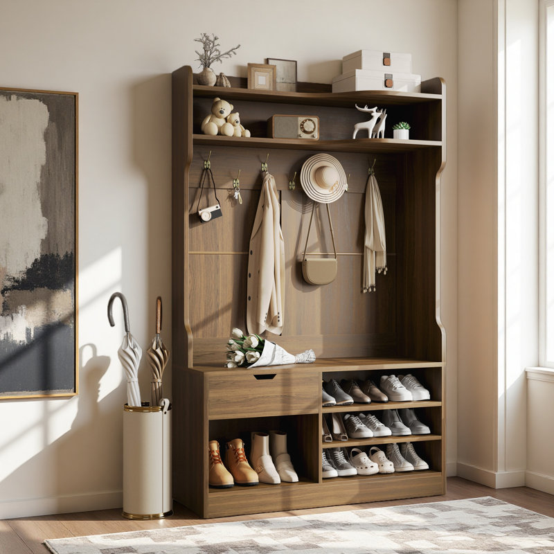 Hall Tree With Bench, Simple Style, Walnut Embossed Wood Grain, 42.9x15.94x70.86 In, Walnut