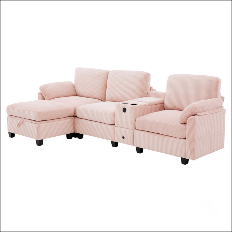 Canapé en velours côtelé de type L uni avec motif segmenté 4 places, porte-gobelet, port USB, boîte de rangement, console mobile et repose-pieds de style UNI