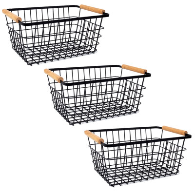 Black Wire Rectangle Baskets With Wood Handle Set/3