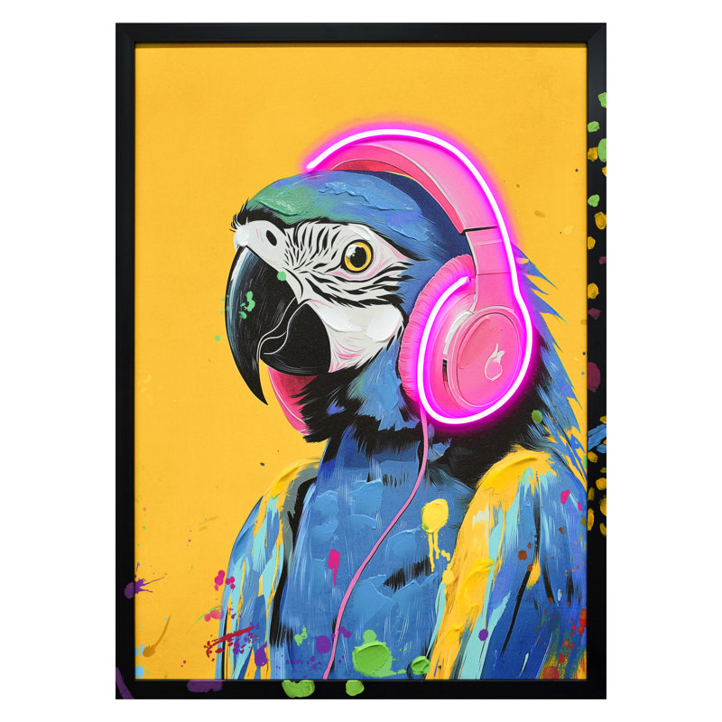 Musical Macaw Neon Art Canvas Neon Wall Art - 21" x 29" - Black Frame