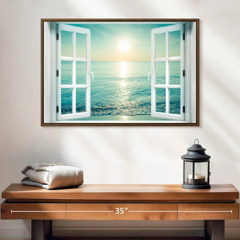 Fenêtre sur le paysage marin, 25 po x 17 po, Cadre flottant noyer