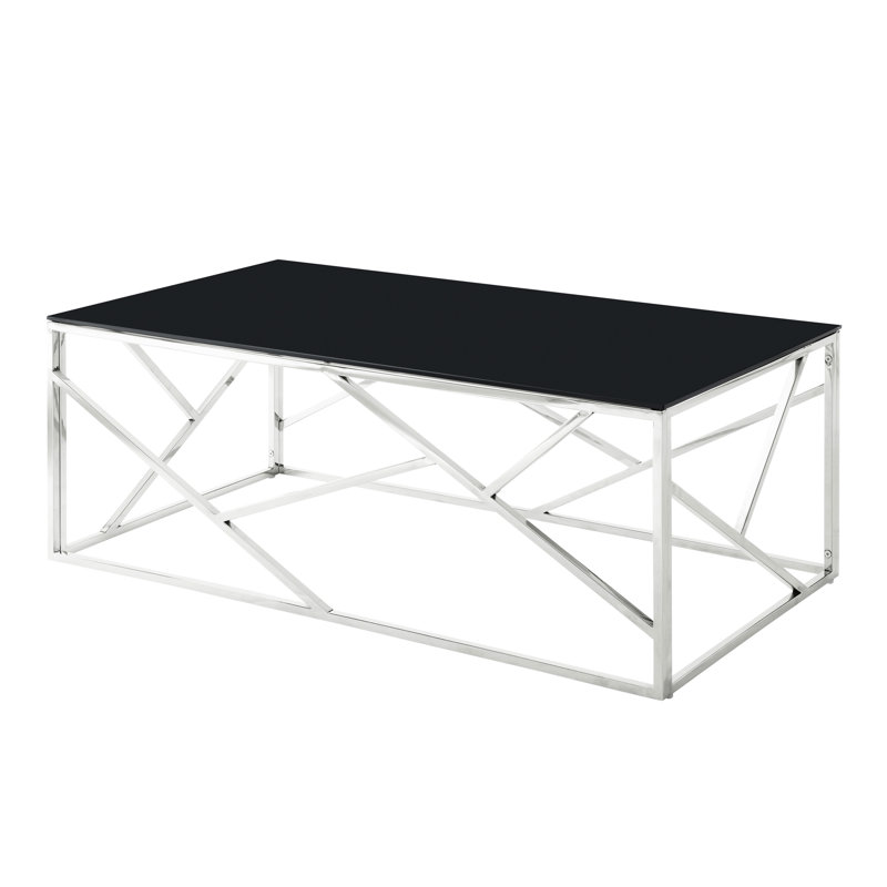Table basse moderne avec plateau en verre noir et structure en acier inoxydable pour la chambre à coucher - table de salon polie, acier, trempé